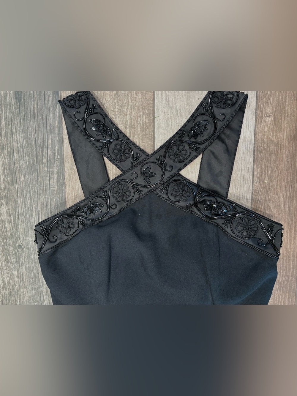 Rimini VTG Little black dress size 6 beaded sequin embroidered Criss Cross Satin